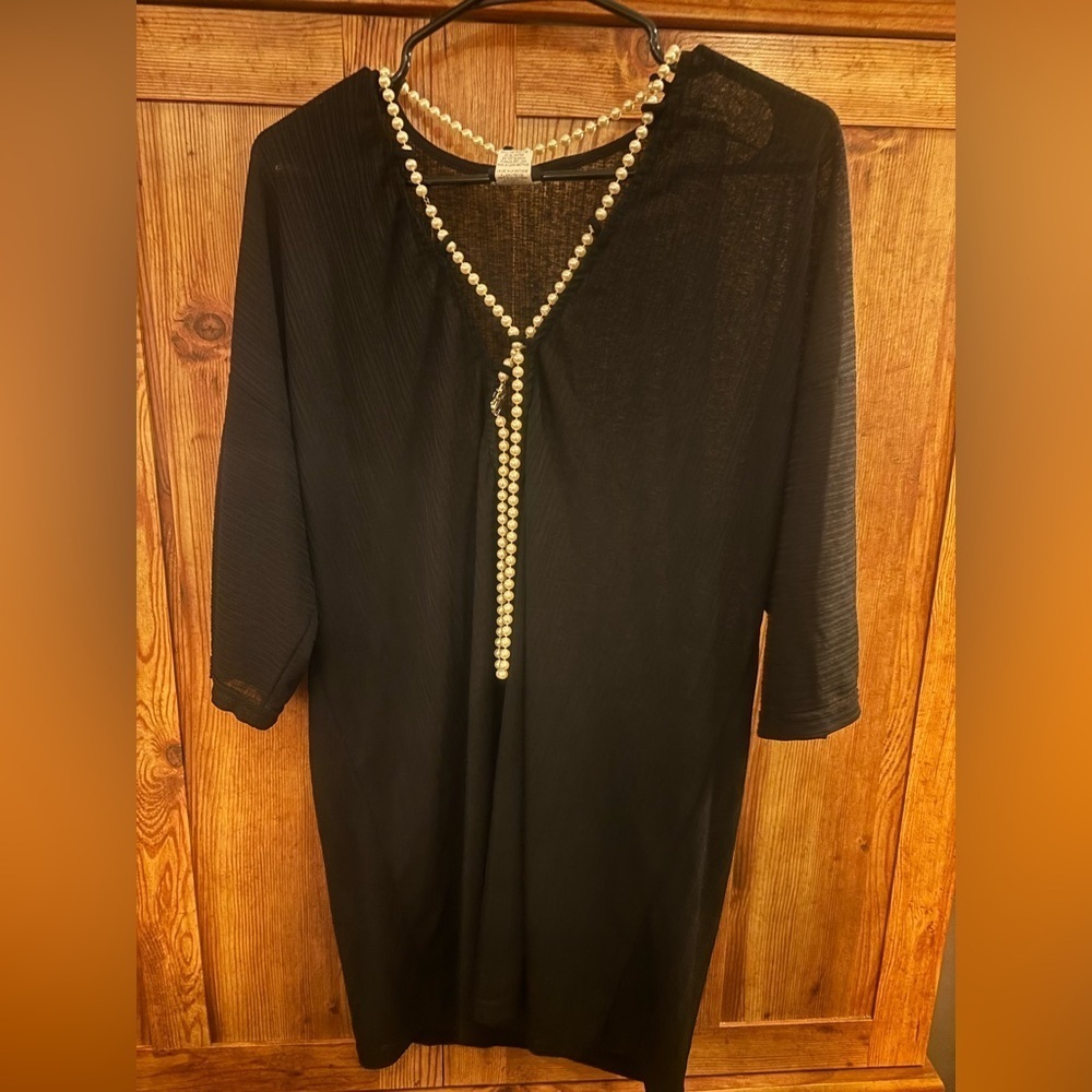 COVER ME Black Sheer Tunic • Convertible Faux Pearl Necklace • Custom Detail L
